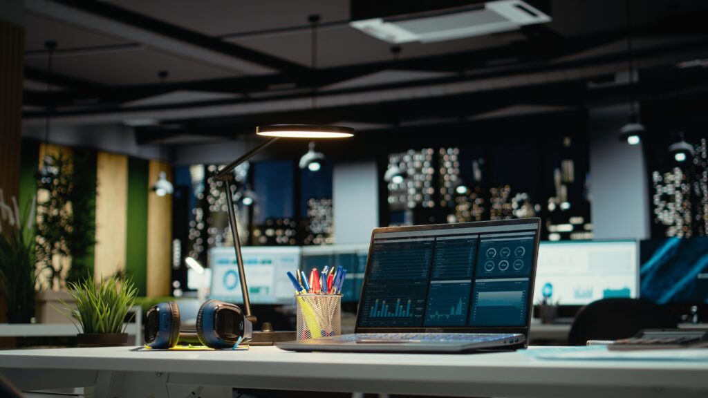 Luxurious Modern Office Space With Important Reports Laptop Empty Desk Showcasing Important Data 1024x576